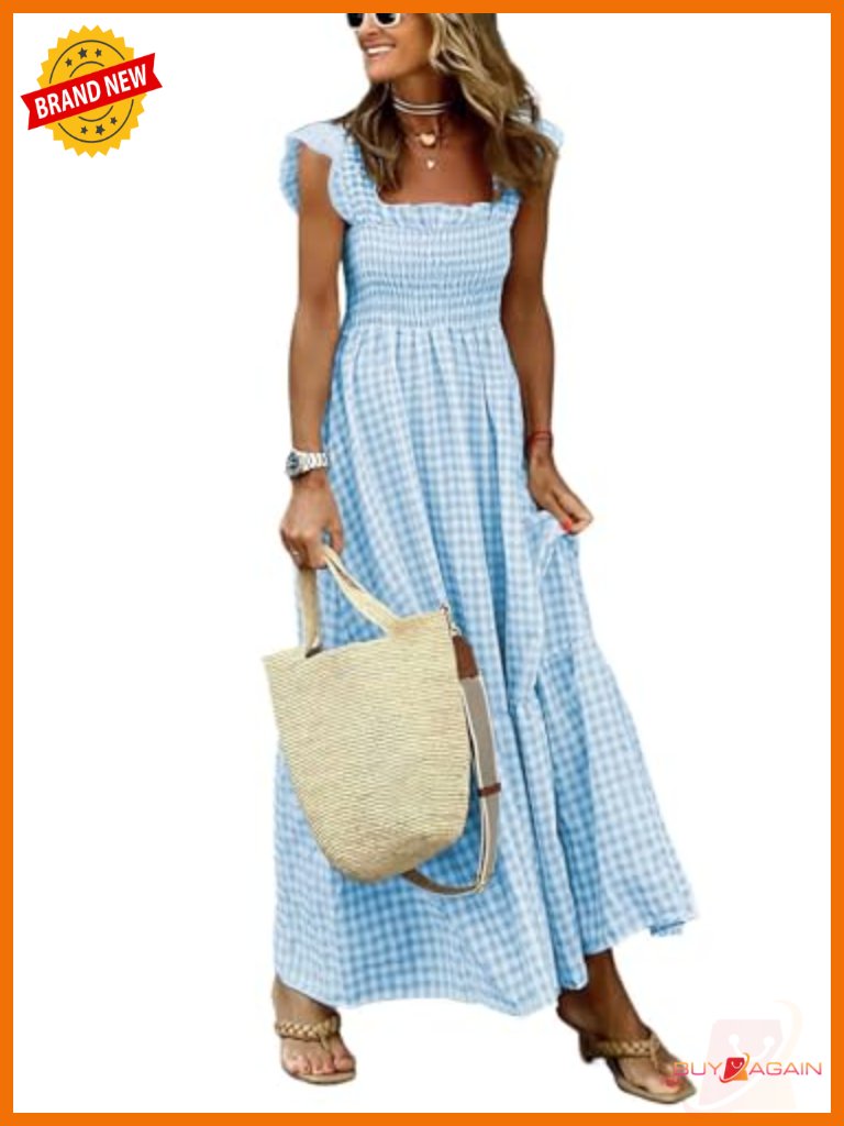 Sleeveless Strap Retro Plaid A-Line Smocked Maxi Long Dress With Ruffled Hem